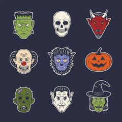 Halloween cartoon stickers. Scary halloween monsters heads. Monster, Skull, Pumpkin, Clown, Vampire, Zombie, Witch, Werewolf sticker. Halloween masks set. Vector illustration