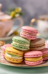 Colorful macaroons on a beautiful background by Generative AI