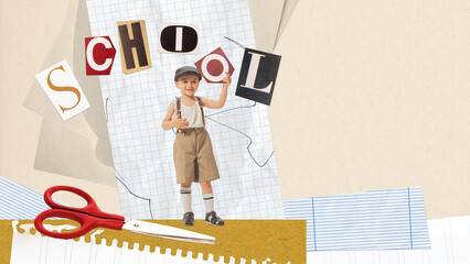 Conceptual art collage. Little cheerful boy, child in retro style clothes ready to go to school. Concept of education, childhood, school, back to school. Copy space for ad