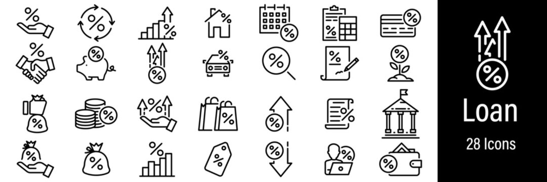 Loan Web Icons. Mortgage, Deposit, Profit, Car Leasing, Discount. Vector in Line Style Icons