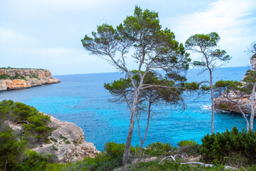 Naklejka premium Calo des Moro, Majorca, Spain. Beautiful beach landscape, exotic tropical island nature, blue sea water, ocean waves, summer holidays vacation.