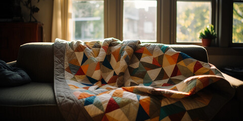 A finished modern quilt, geometric patterns, draped over a classic couch in a cozy living room, neutral tones, warm light from a nearby window
