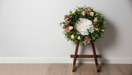 Funeral wreath of flowers on wooden stand near white wall indoors. Space for text