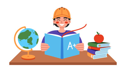 Cute school boy sitting at desk and reading on lesson. Flat vector illustration on white background.