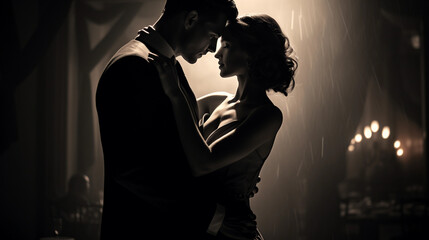 Intimate couple in the middle of a dance, spotlight, ballroom setting, dramatic tension