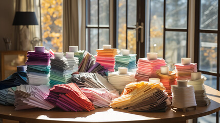 vibrant fabric swatches, organized by color, in a sunlit room with white walls, piles of quilting materials