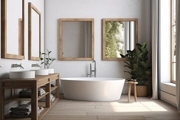 Frame mockup in rustic villa bathroom interior, AI generated