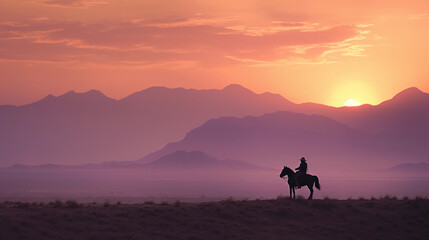 Sunset in a desert, silhouette of a lone cowboy on horseback, distant mountains, sky filled with orange and purple hues, haze for atmos - Powered by Adobe