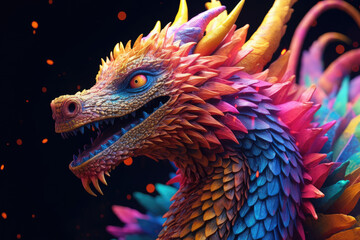 Abstract animal Ancient Dragon portrait with multi colored colorful on scales, skin body and hairs paint, Vibrant bright gradients background, with Generative AI.