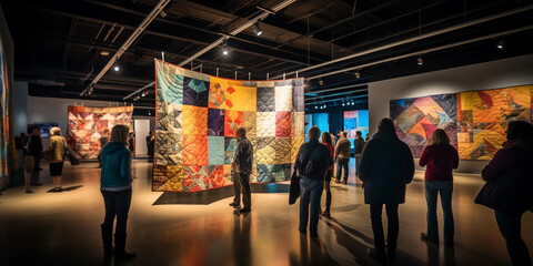 a modern quilt exhibition, rows of intricate quilts hanging from the ceiling, visitors admiring the work, soft gallery lighting