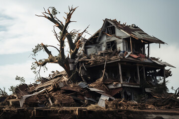 Property insurance after thunderstorm. Destroyed ruined house. Tornado damaged house. Ai generated