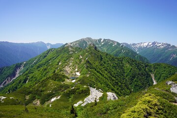 北アルプス　南沢岳から望む烏帽子岳と三ツ岳と水晶岳