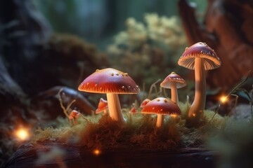 Fantasy enchanted fairy tale forest with magical Mushrooms, AI