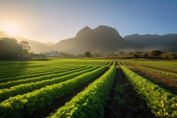 Fototapeta na wymiar Field of organic lettuce growing in a sustainable farm, AI generated illustration