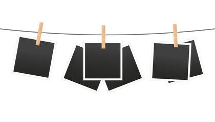 Retro photo frames on a rope with wooden clips. The photographs hang on a rope attached with clothespins. Blank instant photo frames, isolated on white background. Vector illustration