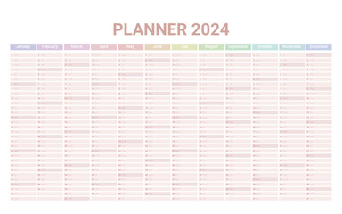 Planner English calendar of 2024 year, template schedule calender with 12 vertical months on one page. Wall organizer, yearly planner template. Vector illustration