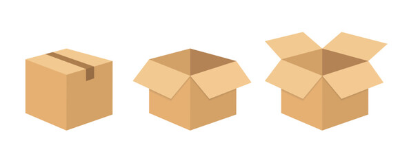Collection of cardboard box mockups. Shipping carton open and closed box with breakable signs. Set closed and open cardboard boxes. Vector illustration - obrazy, fototapety, plakaty
