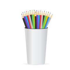 Vector realistic blank plastic cup-stand with a set of colored pencils , stands upright in a glass. Design template, icon, clipart or mockup for graphics - web, app. Front view. Vector illustration