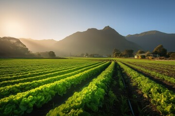 Fototapeta na wymiar Field of organic lettuce growing in a sustainable farm