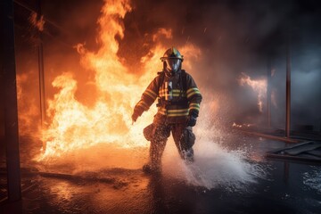 fireman using water and extinguisher to fighting with fiames, AI
