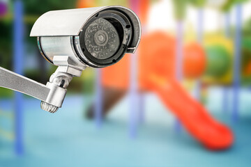 CCTV Closed circuit camera, TV monitoring at kindergarten school playground outdoor for kid...