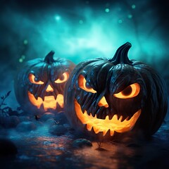 Fototapeta premium spooky Halloween pumpkin glowing face made with generative ai technology