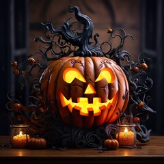  spooky Halloween pumpkin glowing face  made with generative ai technology