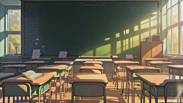 empty classroom with neat desks, big chalkboard and chairs. Back to School Cartoon or Japanese anime watercolor painting illustration style. seamless looping 4K virtual video animation background.