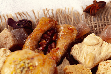 Assortment of turkish desserts baklava and halva