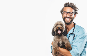 Veterinarian doctor and dog in a veterinary clinic on white background. Medicine, pet care, health care. Veterinary care. Veterinary medicine concept. Pedigree dogs.