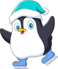 Cute penguin ice skating cartoon illustration