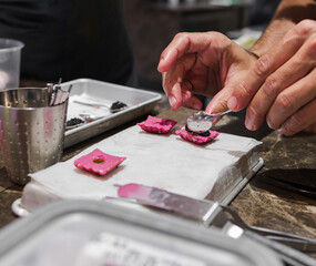 Obraz na płótnie Canvas Photo of a chef's hands preparing gourmet food with pink colors