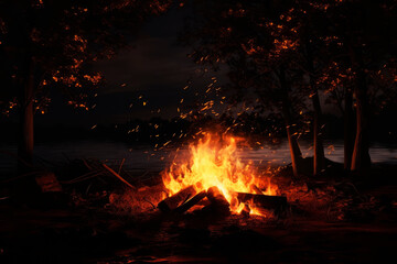 Burning bonfire at night. Generative AI