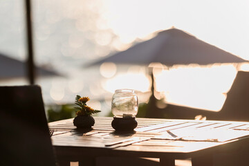 Table setting at tropical beach restaurant.