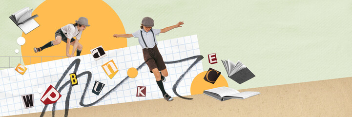 Conceptual art collage. Little boy, child in retro style clothes jumping, feeling excited about studying. Concept of education, childhood, school, back to school, emotions. Copy space for ad
