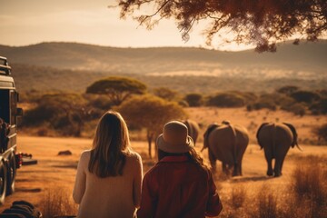 A family observing a herd of elephants from their vantage point, Generative Ai