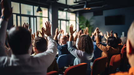 People at conference rising hands up for Q and A session, Generative Ai illustration