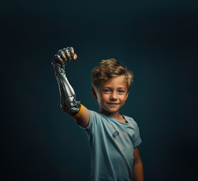 Confident little boy with bionic arm, Generative Ai illustration