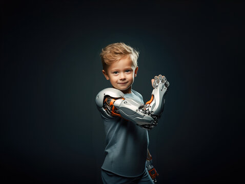 Overcoming Disability With Little Disabled Boy  Showing His Prosthetic Bionic Arm, Generative Ai Illustration