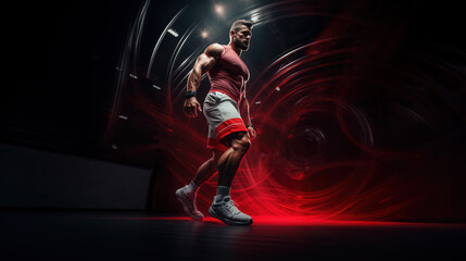 Low angle view of muscular man posing in abstract studio setting, Generative A Illustration