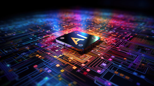 Artificial intelligence chip concept attached to digital circuit board, Generative Ai illustration