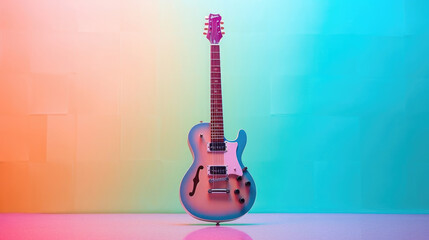 ,A very cool guitar placed in a violet color background, Generative Ai