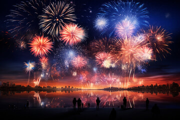 Fototapeta na wymiar Beautiful, bright fireworks over the city. Generative AI