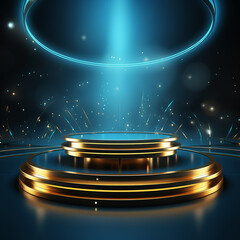 Stage podium with lighting, Stage Podium Scene with for Award Ceremony on blue Background. Made with generative ai
