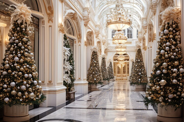 Fototapeta premium Luxurious Hallway Decorated for Christmas with Gold Accents and Chandeliers
