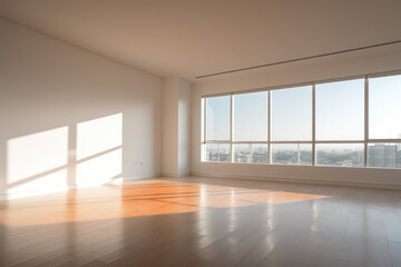 Sunlit Empty Room with Wooden Floor and Large Window with City View