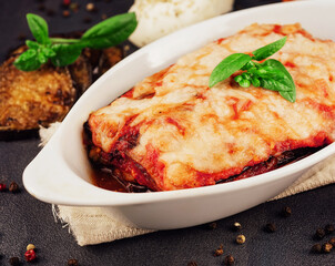 Delicious eggplant lasagna in baking dish