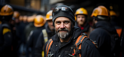 Engineer at construction site wearing safety helmet Confident engineer looking at camera with team behind Generative AI