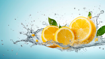 Fresh lemon slices with a tea leaf in splashes of water on a gradient blue background. Juicy summer concept