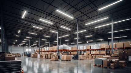 Generative AI, Warehouse interior with LED lighting, industry building, distribution retail center, part of storage and shipping system..